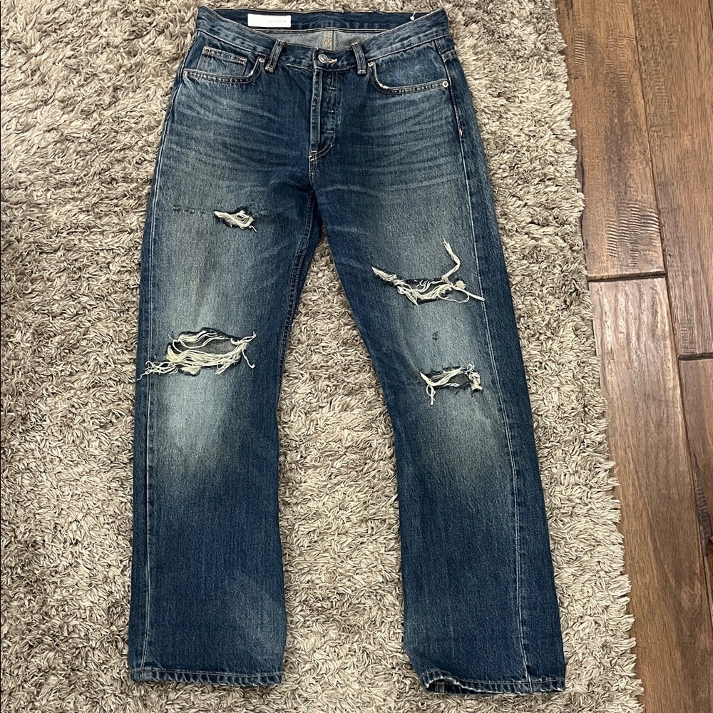 Zara Distressed Button Fly Straight-Leg Blue Jeans